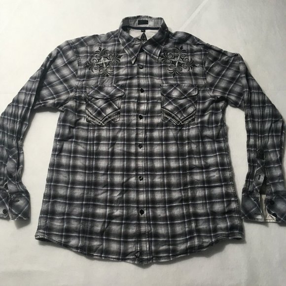 Roar Button Up Embroidered Long Sleeve Stiped Plaid Shirt Mens Medium Casual - Picture 1 of 12